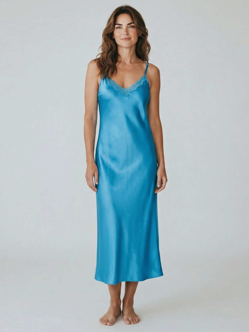 I.n.c. International Concepts Women's Lace-Trim Satin Nightgown, Medium, Cyan Bl